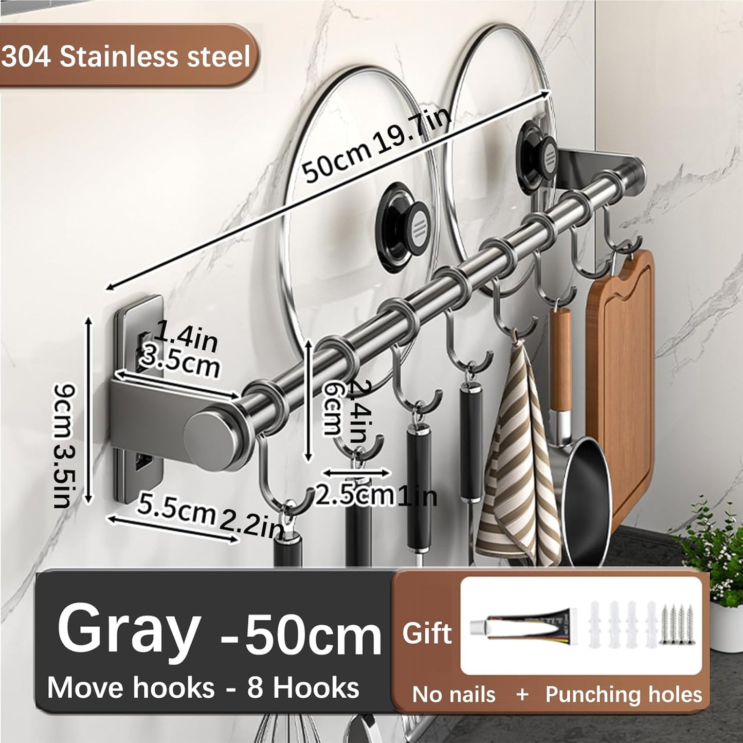 Hanging Wall Mount knife Wall Mount, Kitchen Organizer Storage Shelf for Utensils Spatula Spoon, Space-Saving Knife Rack with Hooks,Wall-Mounted Utensil Holder (Black, 60CM+Three Poles+10Hooks)