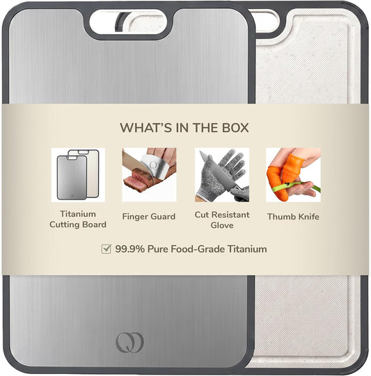 Titanium Cutting Board Double-Sided 2-in-1 (99.9% Titanium + PP), 15" x 10", with Accessories (Finger Guard, Glove, Thumb Knives) - Kitchen Metal Chopping Board for Meat, Fruits & Vegetables