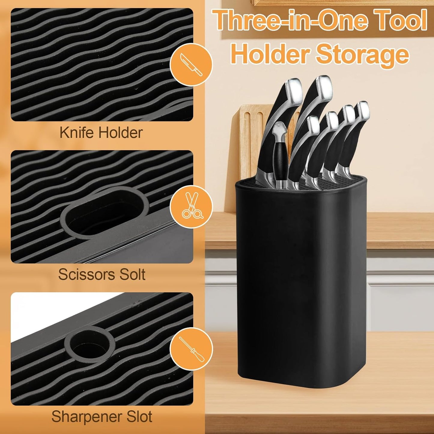 Universal Knife Block without Knives, Kitchen Storage with Scissors Sharpening Rod Slot for Easy Cleaning, Detachable Safe Space Saver Knife Holder Stand for Counter Top (Black）