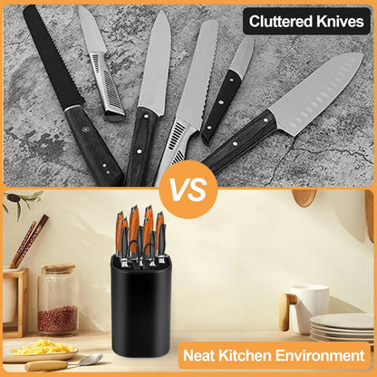 Universal Knife Block without Knives, Kitchen Storage with Scissors Sharpening Rod Slot for Easy Cleaning, Detachable Safe Space Saver Knife Holder Stand for Counter Top (Black）
