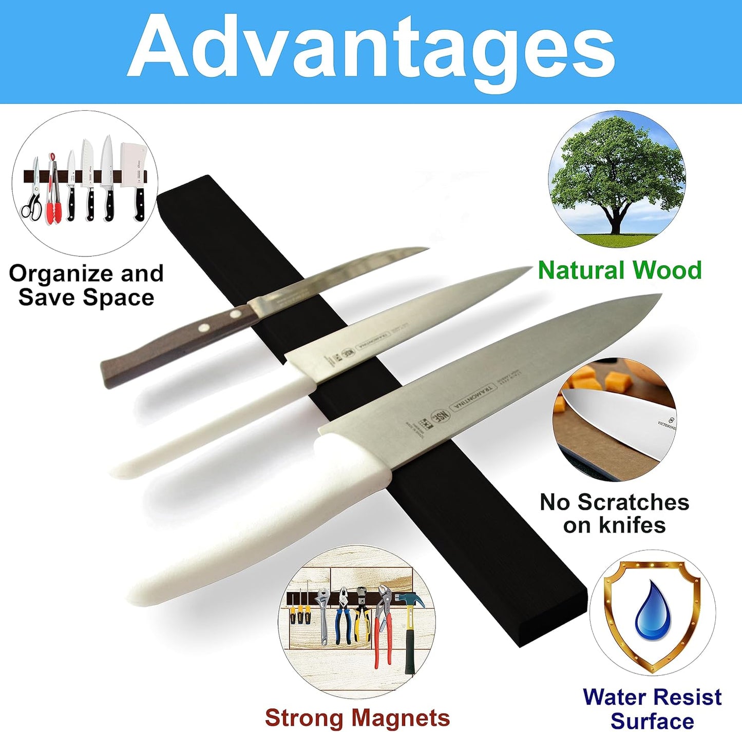 16 Inch Black Wood Knife Magnetic Strip - Wall Kitchen Magnetic Rack Holder