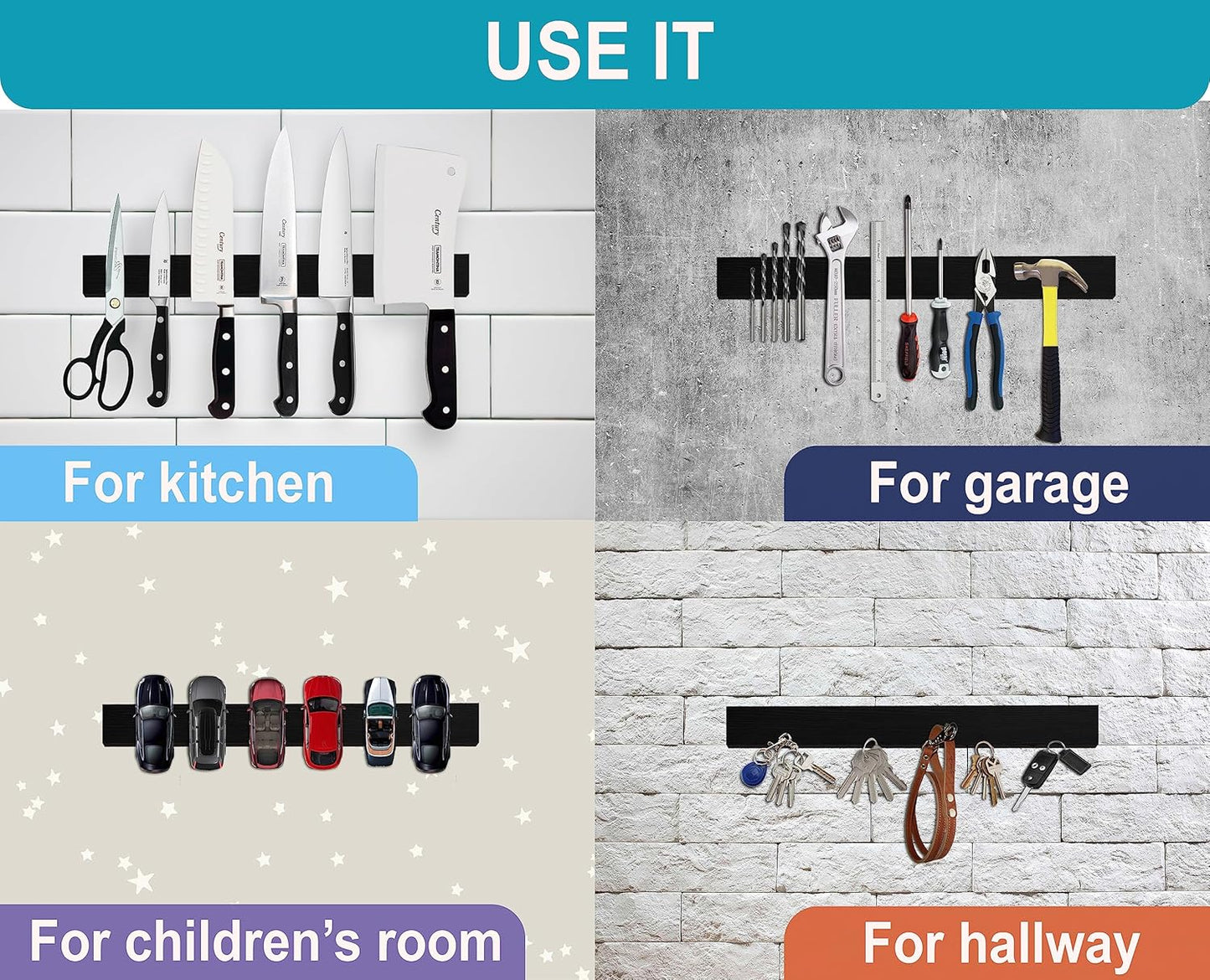 16 Inch Black Wood Knife Magnetic Strip - Wall Kitchen Magnetic Rack Holder