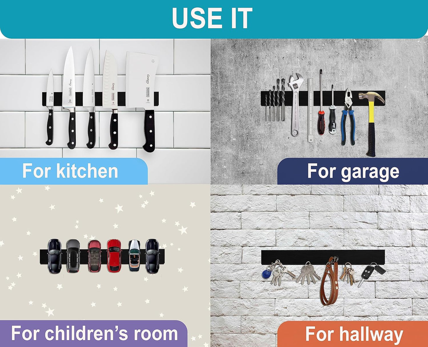 16 Inch Black Wood Knife Magnetic Strip - Wall Kitchen Magnetic Rack Holder