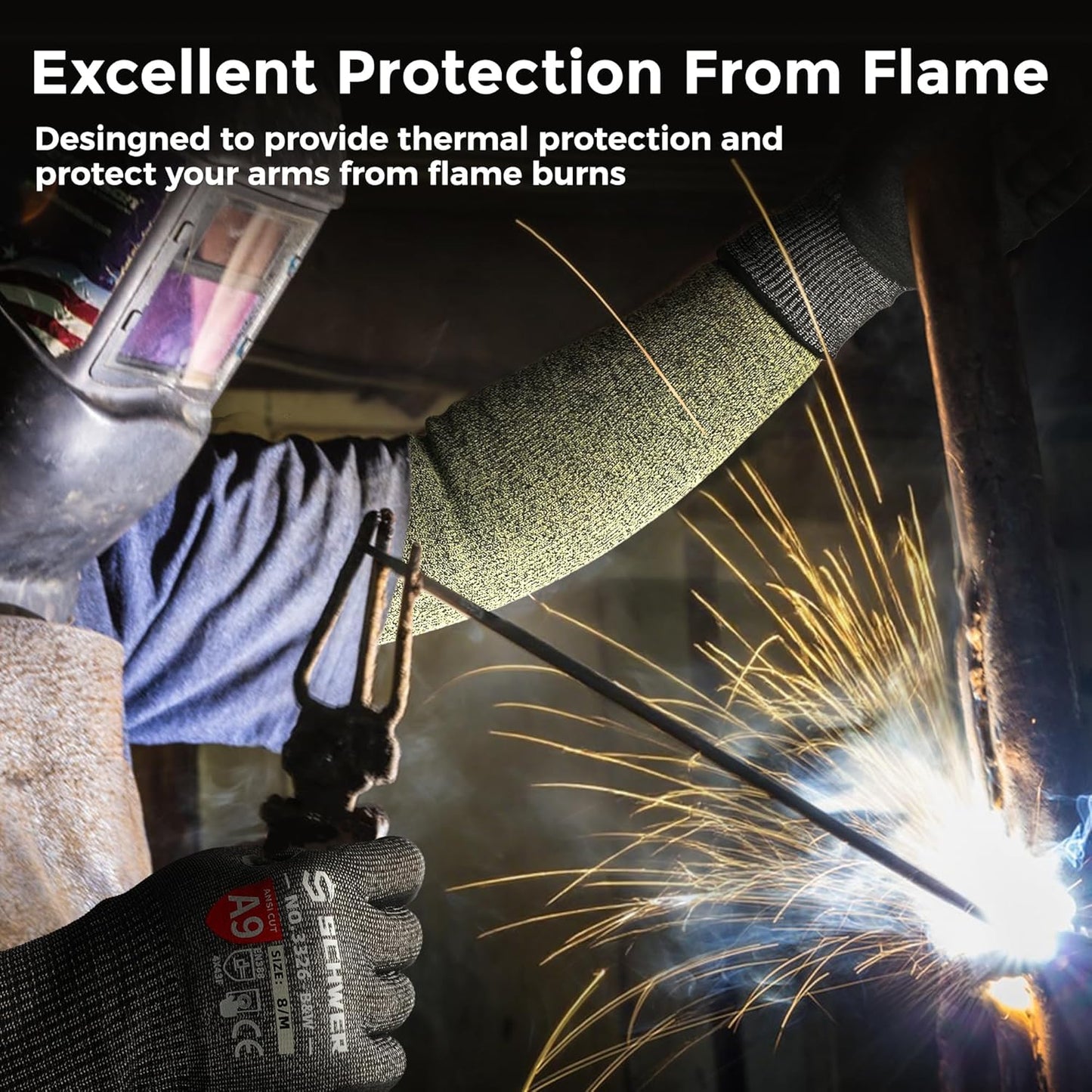 2 Pairs CORE Arm Protection Sleeves S081, ANSI A5 Cut Resistant Sleeves with Thumbhole, Flame Resistant Welding Sleeve for Work Kitchen, Farmer Sleeve for Gardening Arm Guards