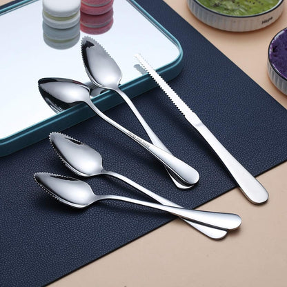 Grapefruit Spoons 5 Pieces Set, 4 Stainless Steel Spoon and 1 Knife with Titanium Plating, Utensil Serrated Edges Pack of (Silver)