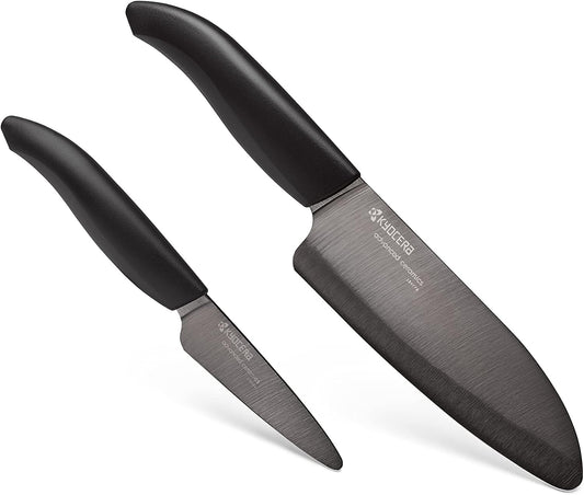 Revolution Series Paring and Santoku Knife Set, Black Blade | Revolution Ceramic Knife Set: 5.5” Santoku & 3” Paring Blades in Gift Box – Essential for Fresh Meal Preparation