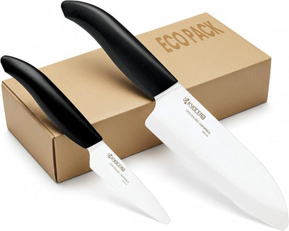 Revolution Series Paring and Santoku Knife Set, Black Blade | Revolution Ceramic Knife Set: 5.5” Santoku & 3” Paring Blades in Gift Box – Essential for Fresh Meal Preparation