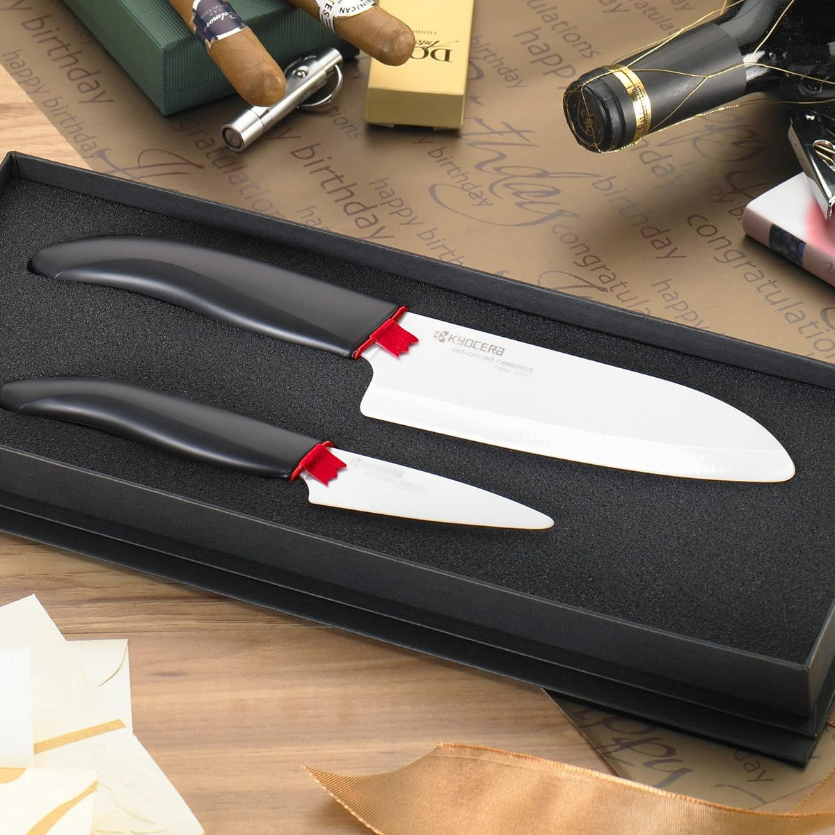 Revolution Series Paring and Santoku Knife Set, Black Blade | Revolution Ceramic Knife Set: 5.5” Santoku & 3” Paring Blades in Gift Box – Essential for Fresh Meal Preparation