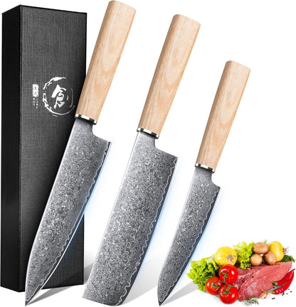 Damascus Chef Knife Set - Japanese Nakiri Utility Paring Knives Sharp Gyuto Meat Cleaver for Home Kitchen Gift Idea