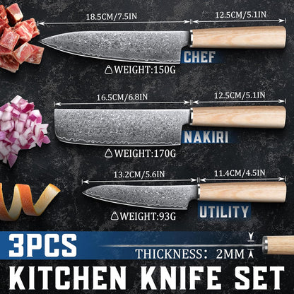 Damascus Chef Knife Set - Japanese Nakiri Utility Paring Knives Sharp Gyuto Meat Cleaver for Home Kitchen Gift Idea