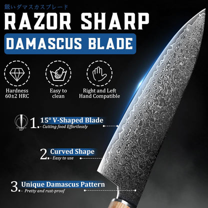 Damascus Chef Knife Set - Japanese Nakiri Utility Paring Knives Sharp Gyuto Meat Cleaver for Home Kitchen Gift Idea