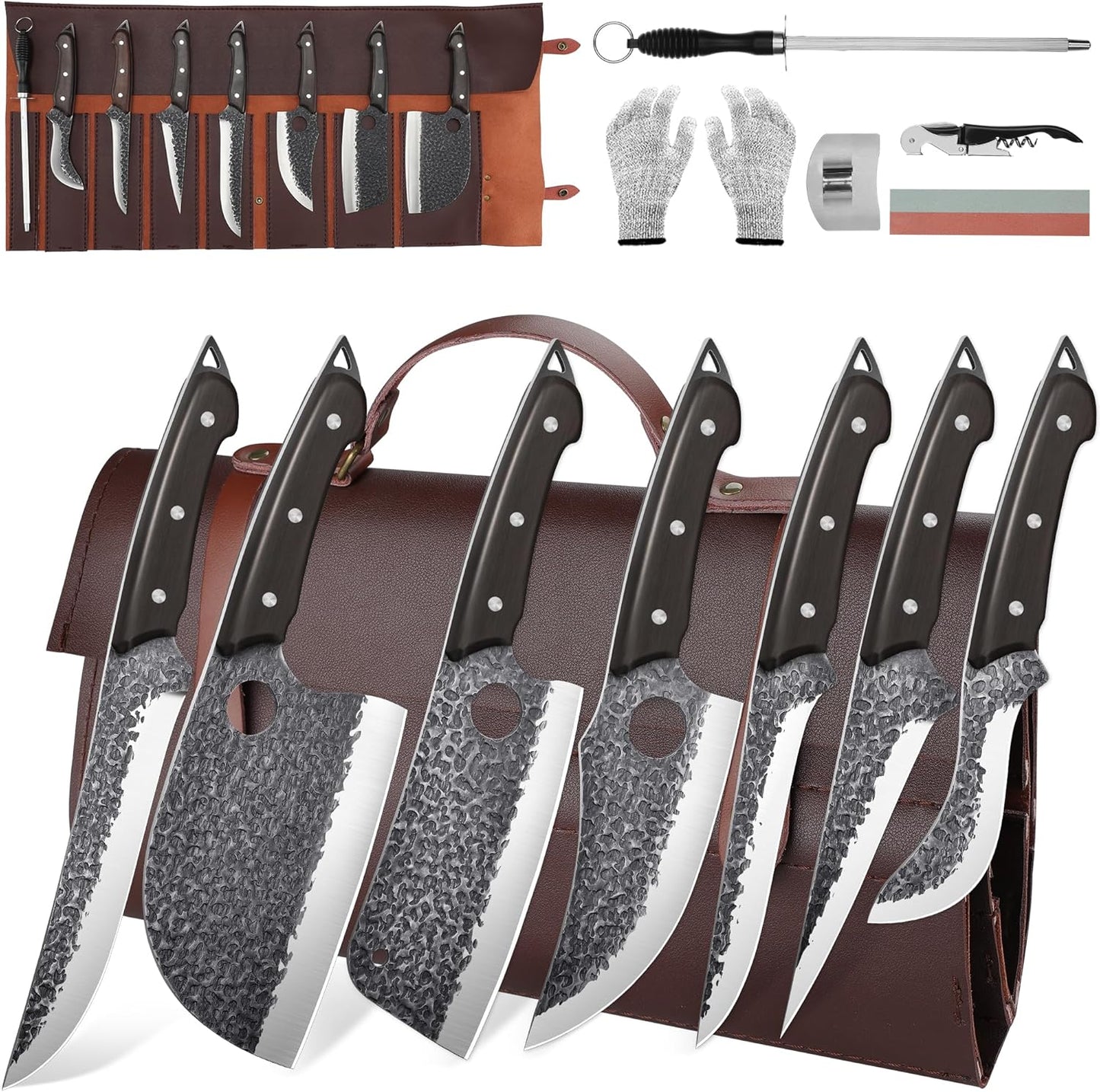 Damascus Chef Knife Set - Japanese Nakiri Utility Paring Knives Sharp Gyuto Meat Cleaver for Home Kitchen Gift Idea