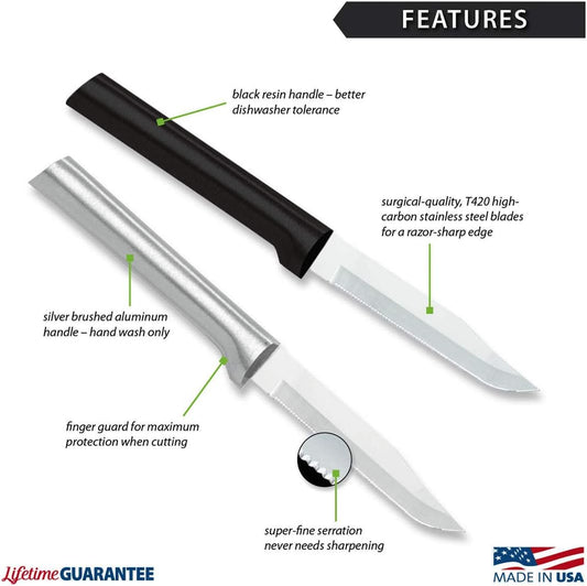 Serrated Regular Paring Knife (W242), Black Handle | 3.25" Stainless Steel Fine-Serrated Blade, Black Resin Handle