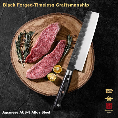 7 Inch Nakiri Knife, Black Forged Japanese Cleaver Knife Chefs Knife with High Carbon Stainless Steel, Japanese Nakiri Knife with Full Tang Pakkawood Handle, Christmas Gift with Premium Box