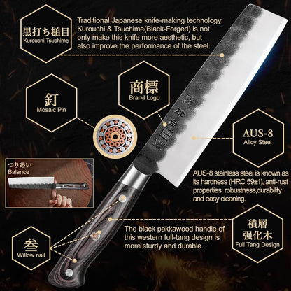 7 Inch Nakiri Knife, Black Forged Japanese Cleaver Knife Chefs Knife with High Carbon Stainless Steel, Japanese Nakiri Knife with Full Tang Pakkawood Handle, Christmas Gift with Premium Box