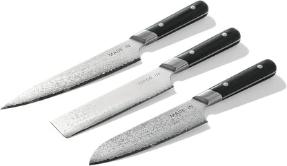 Cookware - 3-piece Japanese Damascus Steel Knife Set (Includes Gyuto, Nakiri and Santoku) - 66 Layers of Damascus Steel with a VG-10 Core - Crafted in Japan - Full Tang With Black POM Handle