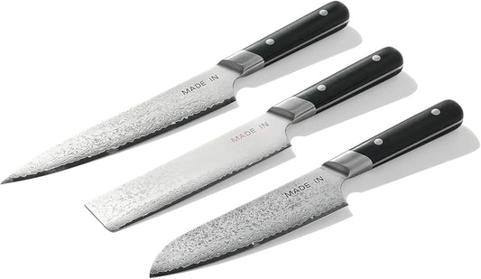 Cookware - 3-piece Japanese Damascus Steel Knife Set (Includes Gyuto, Nakiri and Santoku) - 66 Layers of Damascus Steel with a VG-10 Core - Crafted in Japan - Full Tang With Black POM Handle