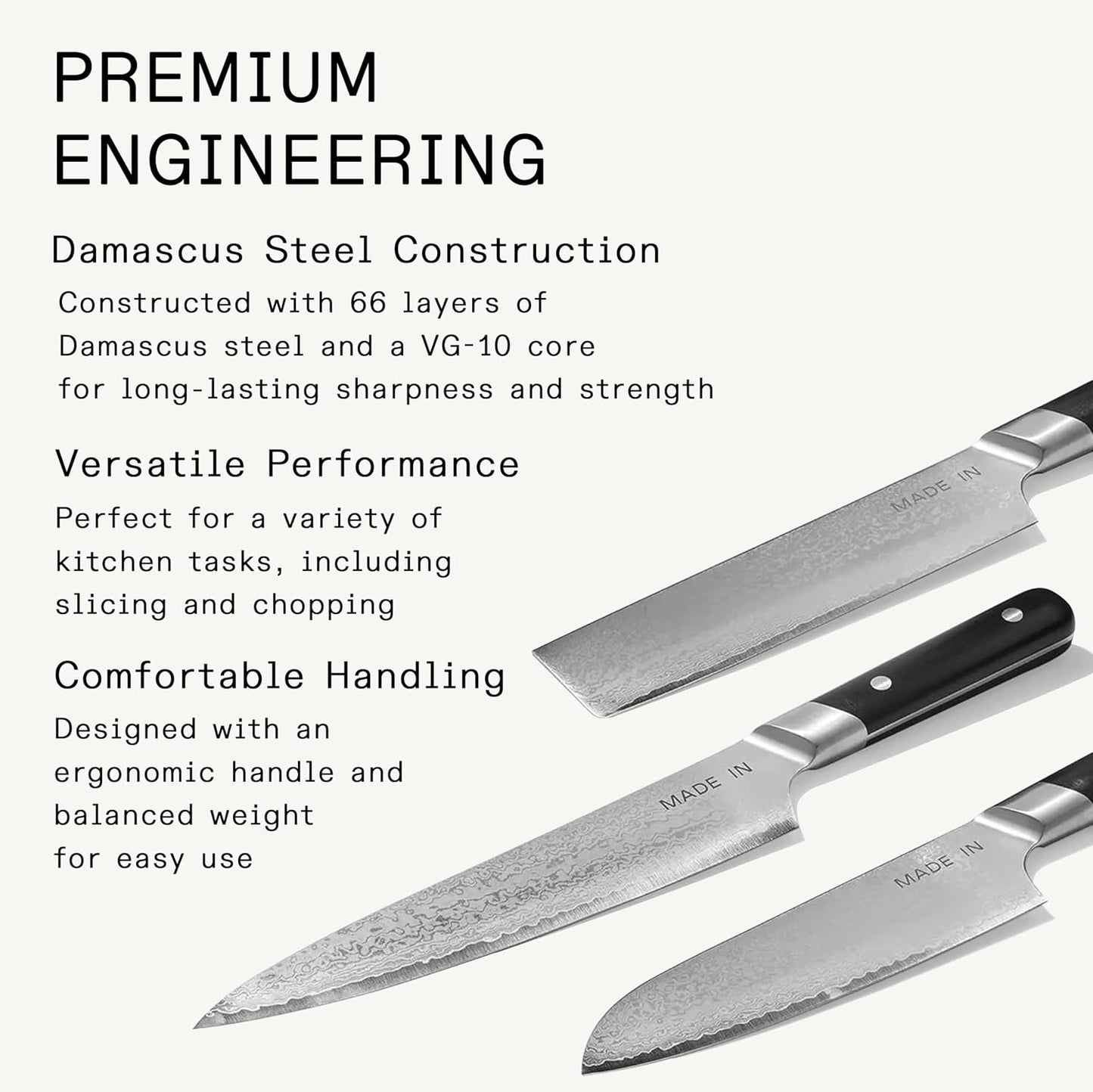 Cookware - 3-piece Japanese Damascus Steel Knife Set (Includes Gyuto, Nakiri and Santoku) - 66 Layers of Damascus Steel with a VG-10 Core - Crafted in Japan - Full Tang With Black POM Handle