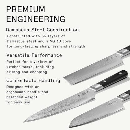 Cookware - 3-piece Japanese Damascus Steel Knife Set (Includes Gyuto, Nakiri and Santoku) - 66 Layers of Damascus Steel with a VG-10 Core - Crafted in Japan - Full Tang With Black POM Handle