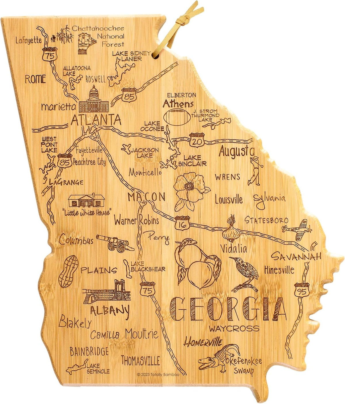 Destination Georgia State Shaped Cutting Board | State charcuterie serving board with engraved map artwork. Smooth reverse side for food prep. Hang tie for wall display.