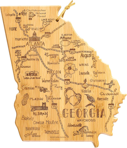 Destination Georgia State Shaped Cutting Board | State charcuterie serving board with engraved map artwork. Smooth reverse side for food prep. Hang tie for wall display.