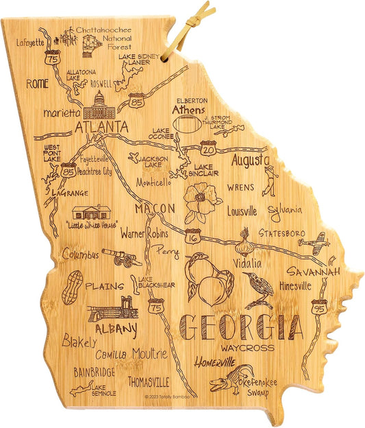 Destination Georgia State Shaped Cutting Board | State charcuterie serving board with engraved map artwork. Smooth reverse side for food prep. Hang tie for wall display.
