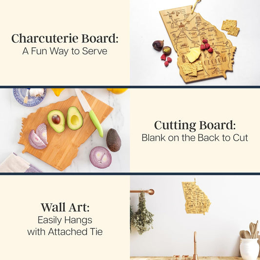 Destination Georgia State Shaped Cutting Board | State charcuterie serving board with engraved map artwork. Smooth reverse side for food prep. Hang tie for wall display.