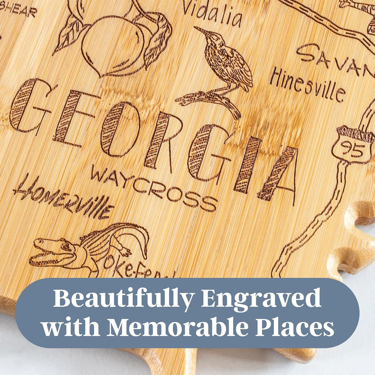 Destination Georgia State Shaped Cutting Board | State charcuterie serving board with engraved map artwork. Smooth reverse side for food prep. Hang tie for wall display.
