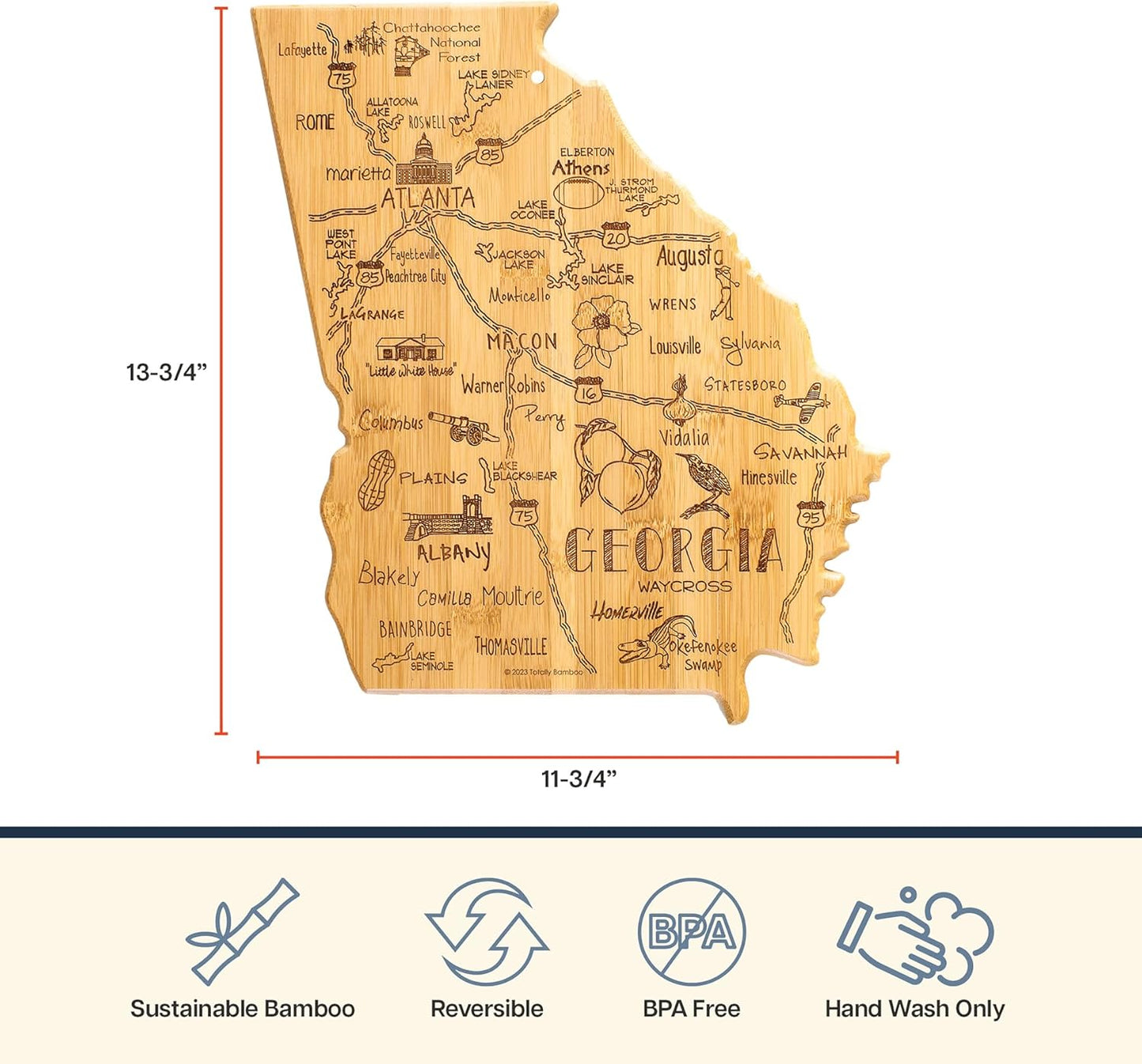Destination Georgia State Shaped Cutting Board | State charcuterie serving board with engraved map artwork. Smooth reverse side for food prep. Hang tie for wall display.
