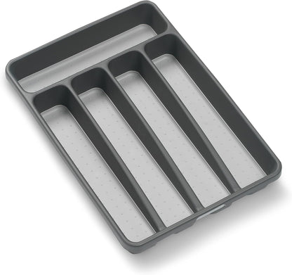 Small Silverware Tray, 5 Compartment Flatware Organizer for Forks, Knives & Spoons, Non Slip, Soft Grip Lining, Fits Small Drawers, Granite