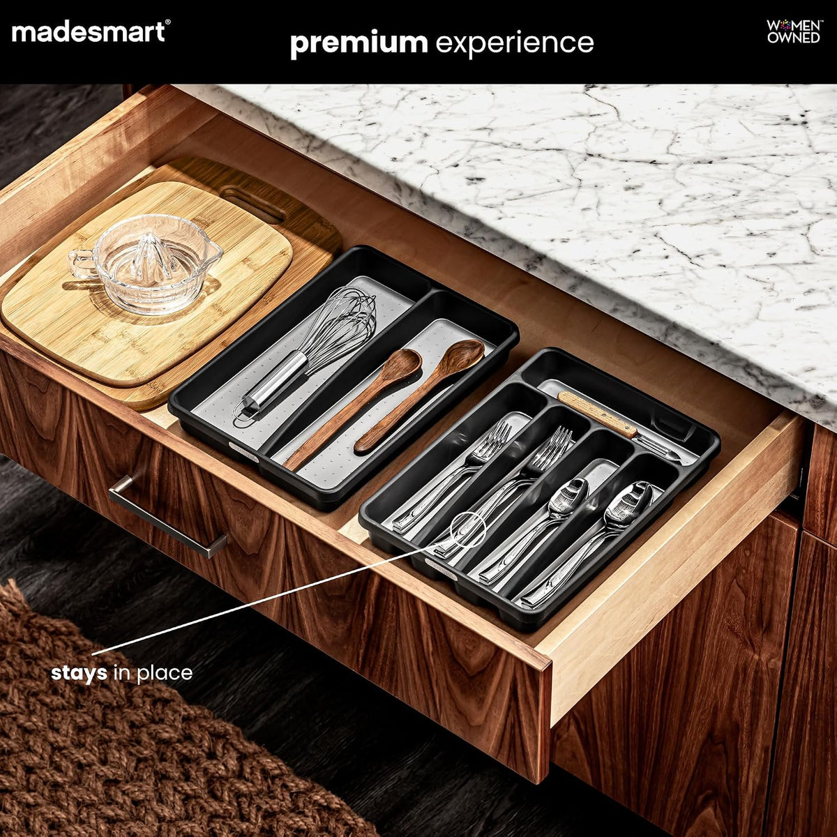 Small Silverware Tray, 5 Compartment Flatware Organizer for Forks, Knives & Spoons, Non Slip, Soft Grip Lining, Fits Small Drawers, Granite