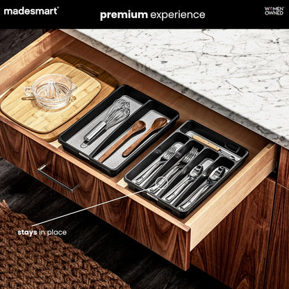 Small Silverware Tray, 5 Compartment Flatware Organizer for Forks, Knives & Spoons, Non Slip, Soft Grip Lining, Fits Small Drawers, Granite