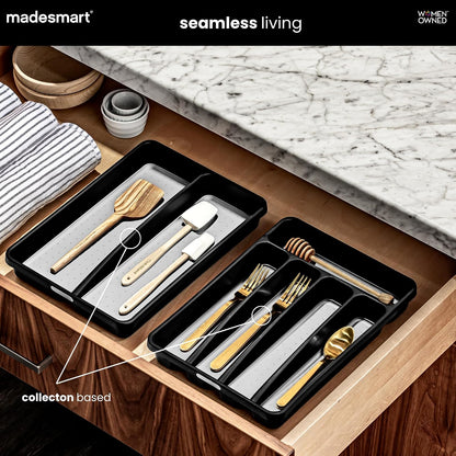 Small Silverware Tray, 5 Compartment Flatware Organizer for Forks, Knives & Spoons, Non Slip, Soft Grip Lining, Fits Small Drawers, Granite