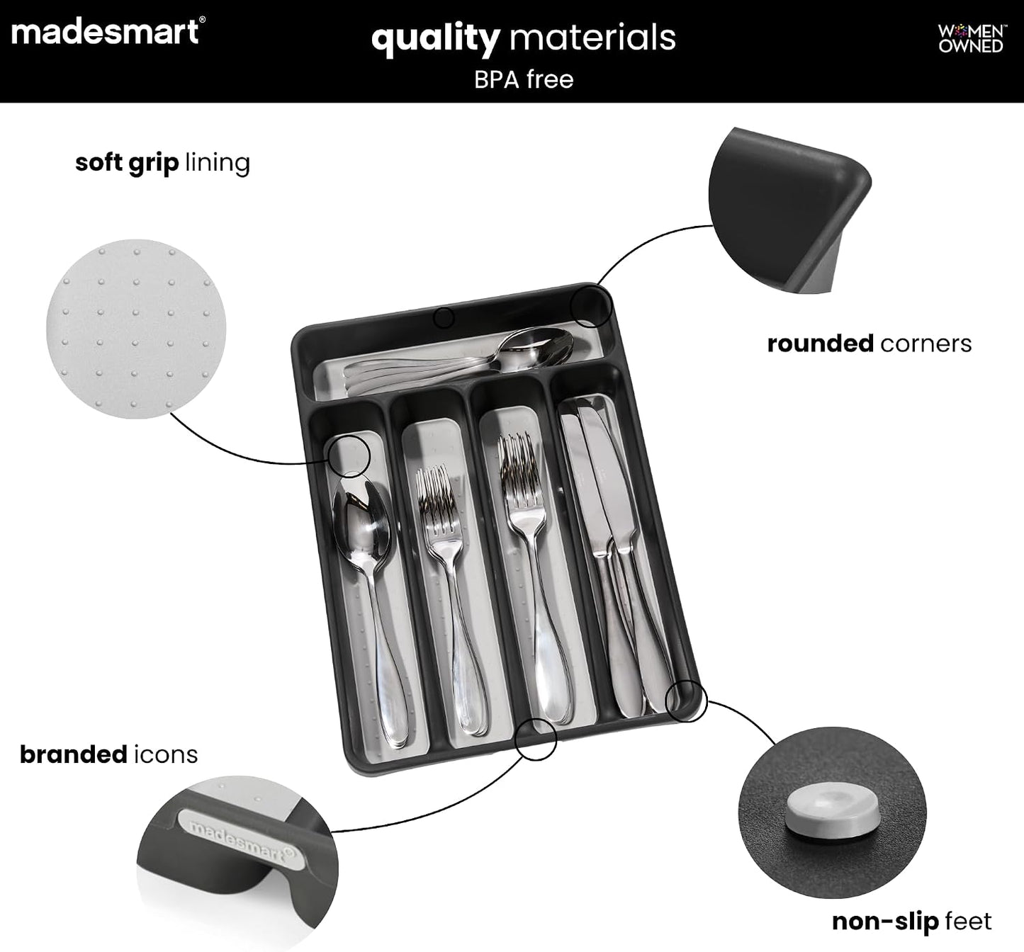 Small Silverware Tray, 5 Compartment Flatware Organizer for Forks, Knives & Spoons, Non Slip, Soft Grip Lining, Fits Small Drawers, Granite
