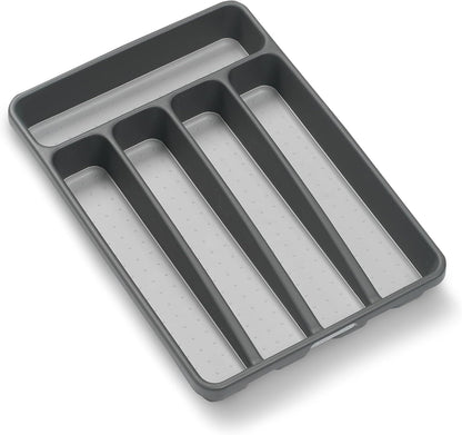 Small Silverware Tray, 5 Compartment Flatware Organizer for Forks, Knives & Spoons, Non Slip, Soft Grip Lining, Fits Small Drawers, Granite