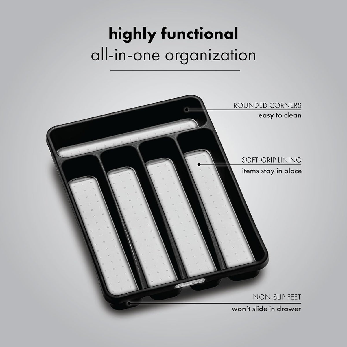 Small Silverware Tray, 5 Compartment Flatware Organizer for Forks, Knives & Spoons, Non Slip, Soft Grip Lining, Fits Small Drawers, Granite