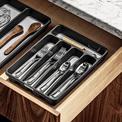 Small Silverware Tray, 5 Compartment Flatware Organizer for Forks, Knives & Spoons, Non Slip, Soft Grip Lining, Fits Small Drawers, Granite