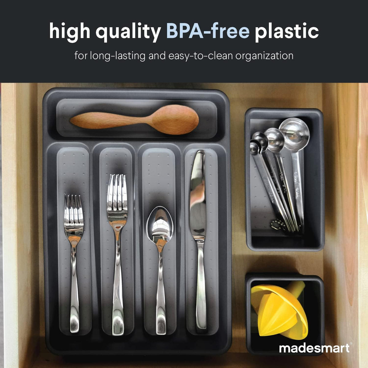Small Silverware Tray, 5 Compartment Flatware Organizer for Forks, Knives & Spoons, Non Slip, Soft Grip Lining, Fits Small Drawers, Granite