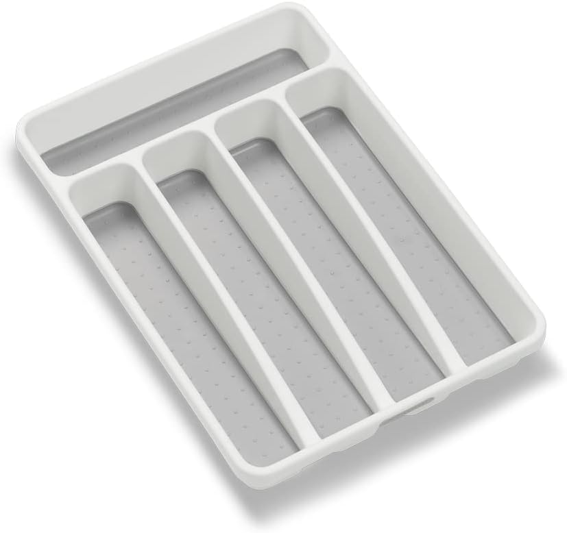 Small Silverware Tray, 5 Compartment Flatware Organizer for Forks, Knives & Spoons, Non Slip, Soft Grip Lining, Fits Small Drawers, Granite