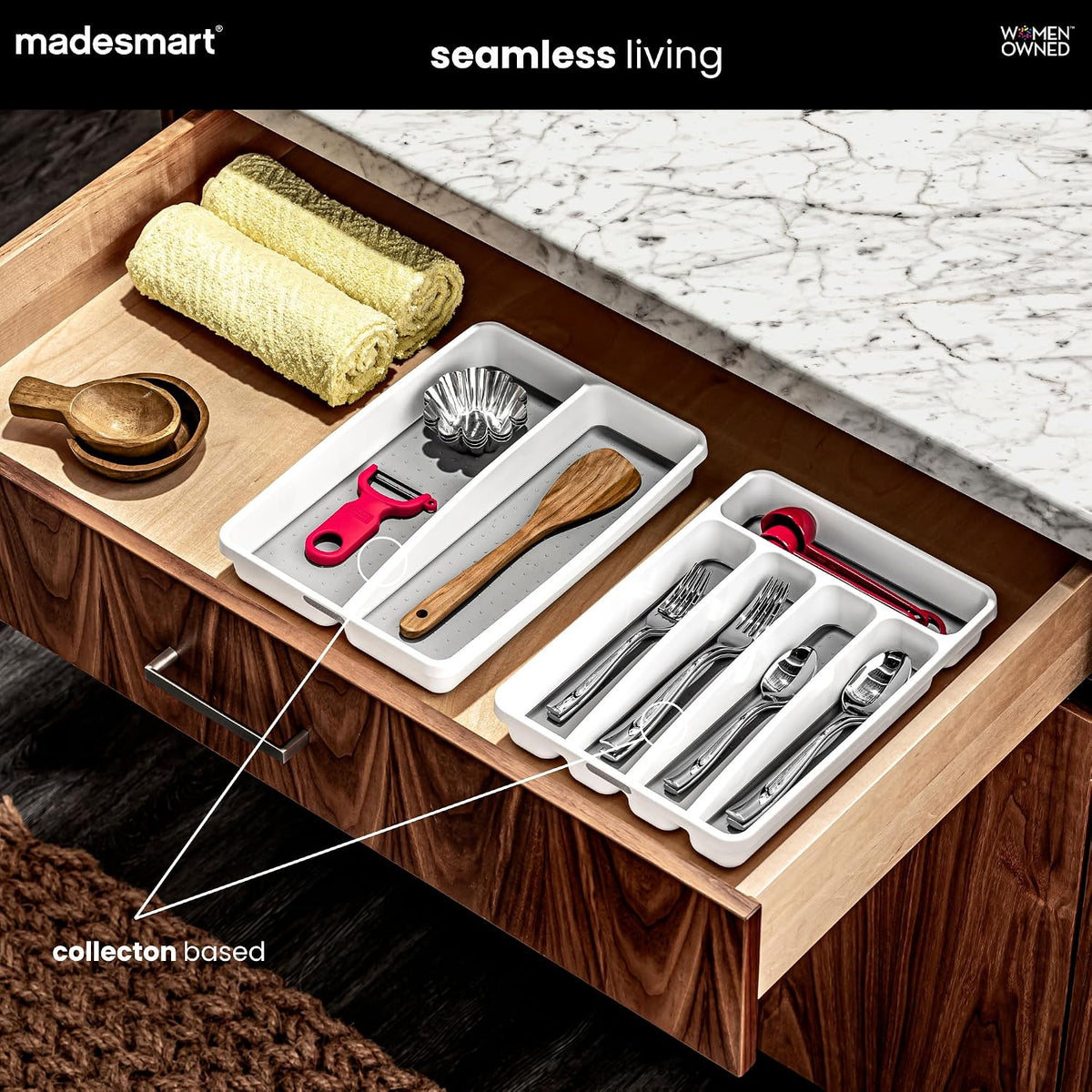 Small Silverware Tray, 5 Compartment Flatware Organizer for Forks, Knives & Spoons, Non Slip, Soft Grip Lining, Fits Small Drawers, Granite