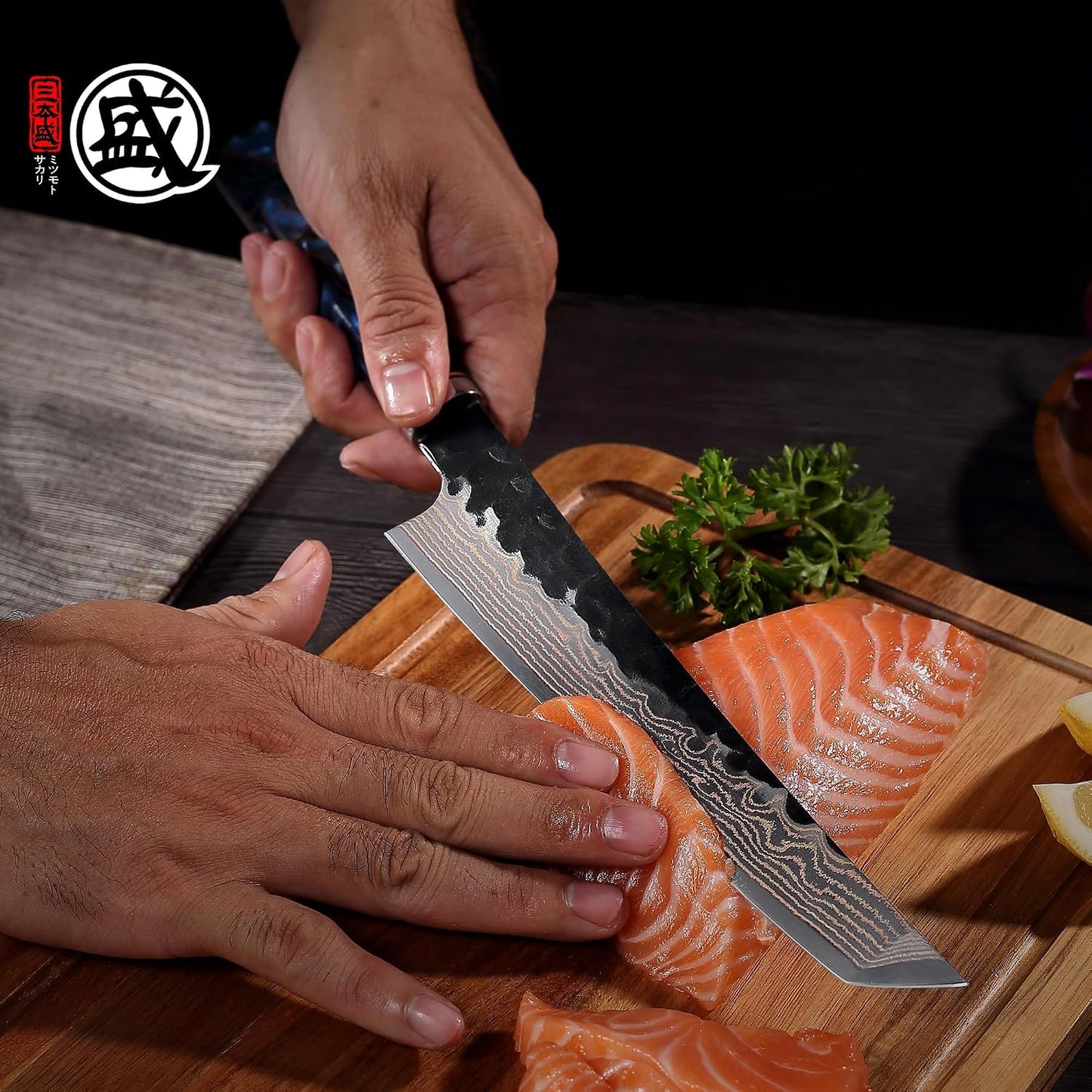 8" Kiritsuke Knife, VG-10 Damascus, Hand-Forged | 67-Layer Copper-Composite Damascus, 2.3mm Thin Blade for Smooth Cuts, Starry Resin Handle, Sashimi & Precision Prep