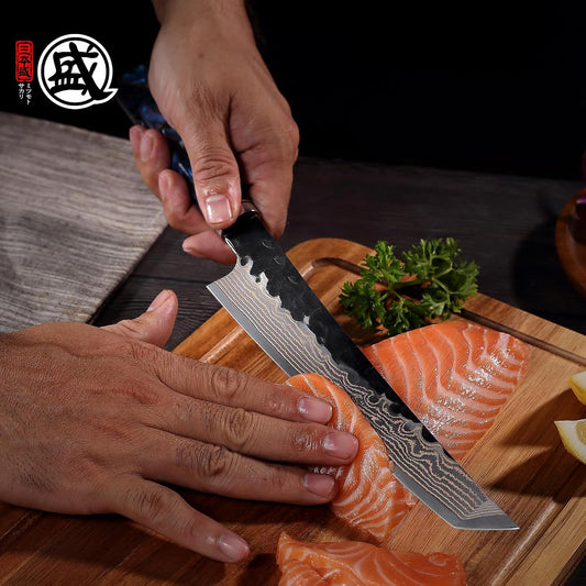 8" Kiritsuke Knife, VG-10 Damascus, Hand-Forged | 67-Layer Copper-Composite Damascus, 2.3mm Thin Blade for Smooth Cuts, Starry Resin Handle, Sashimi & Precision Prep