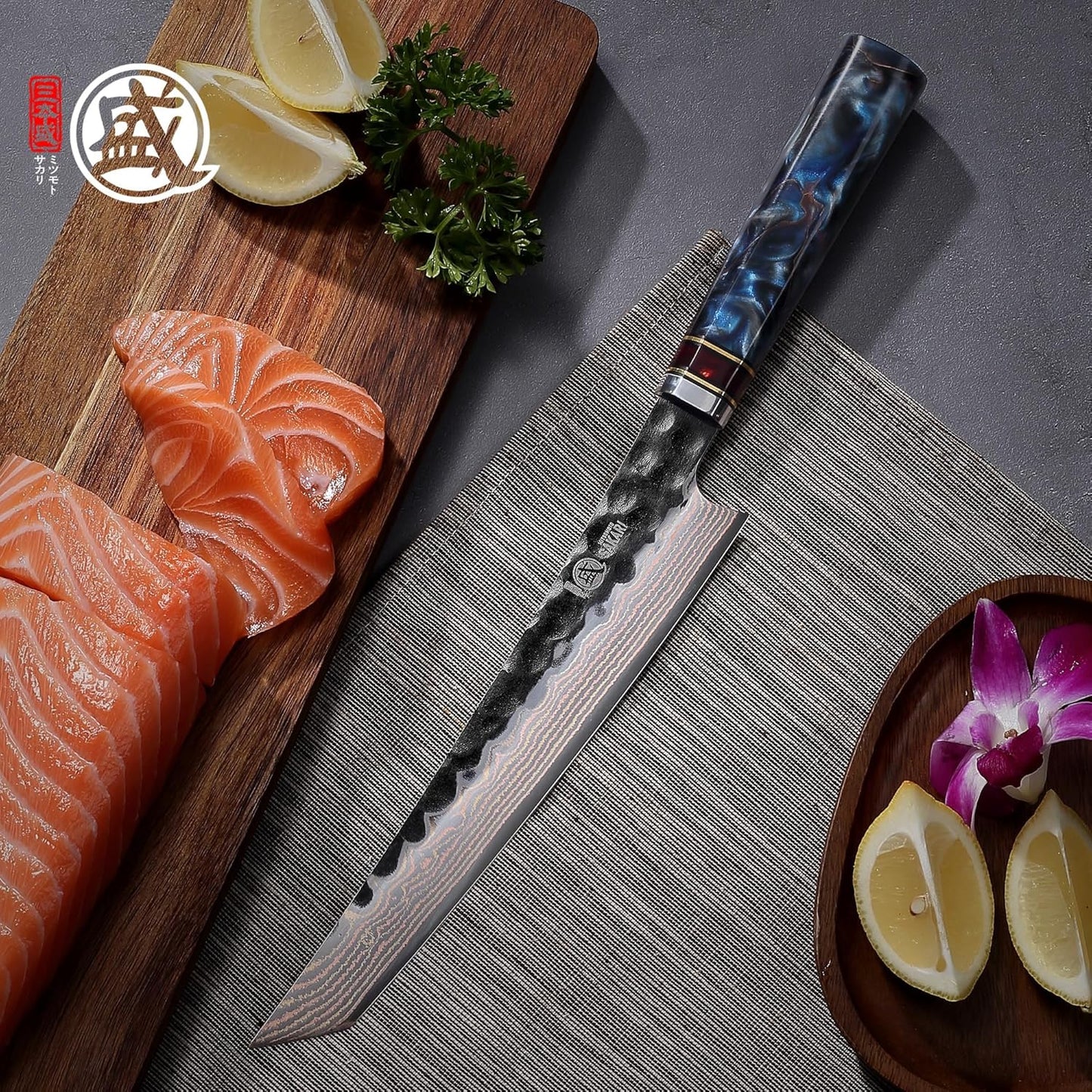 8" Kiritsuke Knife, VG-10 Damascus, Hand-Forged | 67-Layer Copper-Composite Damascus, 2.3mm Thin Blade for Smooth Cuts, Starry Resin Handle, Sashimi & Precision Prep