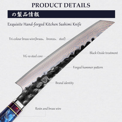 8" Kiritsuke Knife, VG-10 Damascus, Hand-Forged | 67-Layer Copper-Composite Damascus, 2.3mm Thin Blade for Smooth Cuts, Starry Resin Handle, Sashimi & Precision Prep