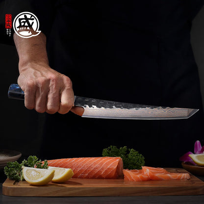 8" Kiritsuke Knife, VG-10 Damascus, Hand-Forged | 67-Layer Copper-Composite Damascus, 2.3mm Thin Blade for Smooth Cuts, Starry Resin Handle, Sashimi & Precision Prep
