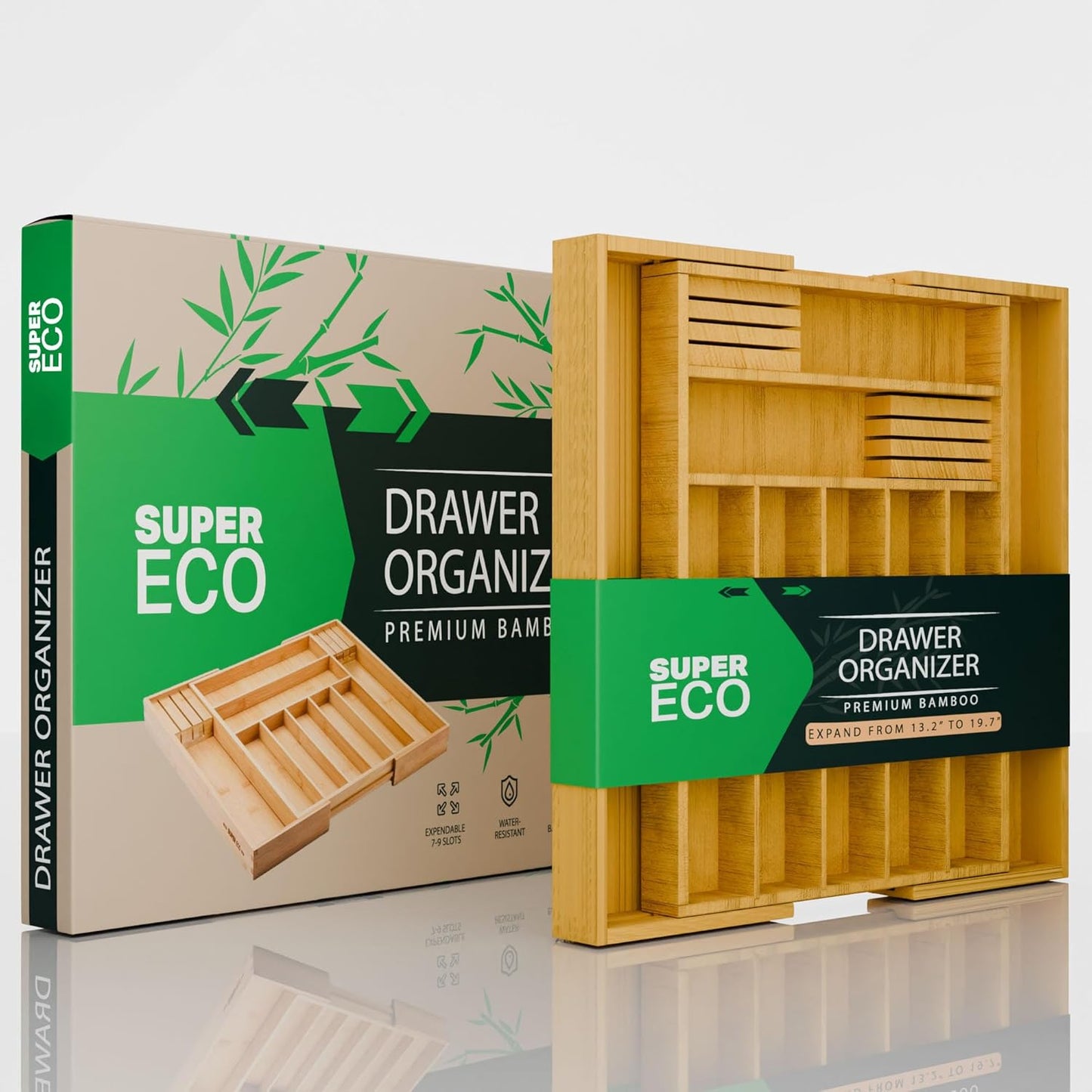Bamboo Kitchen Drawer Organizer - Bamboo Expandable Drawer Organizer Utensil Holder & Cutlery Tray - Adjustable Wood Drawer Dividers Organizer for Silverware, Flatware, Knives (9 Slot)