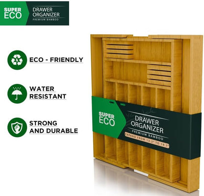 Bamboo Kitchen Drawer Organizer - Bamboo Expandable Drawer Organizer Utensil Holder & Cutlery Tray - Adjustable Wood Drawer Dividers Organizer for Silverware, Flatware, Knives (9 Slot)