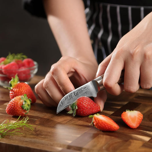 EDIB Pro Peeling Knife, 2.4" VG10 Damascus Blade, Pakkawood Handle | Peeling chef knife for apples, potatoes, citrus and tourné cuts, with close in-hand control for delicate shaping and trimming