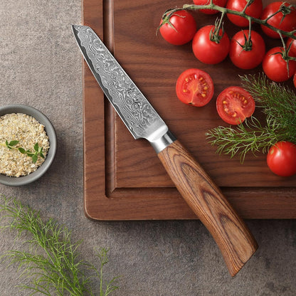 EDIB Pro Peeling Knife, 2.4" VG10 Damascus Blade, Pakkawood Handle | Peeling chef knife for apples, potatoes, citrus and tourné cuts, with close in-hand control for delicate shaping and trimming
