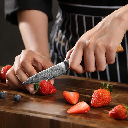 EDIB Pro Peeling Knife, 2.4" VG10 Damascus Blade, Pakkawood Handle | Peeling chef knife for apples, potatoes, citrus and tourné cuts, with close in-hand control for delicate shaping and trimming